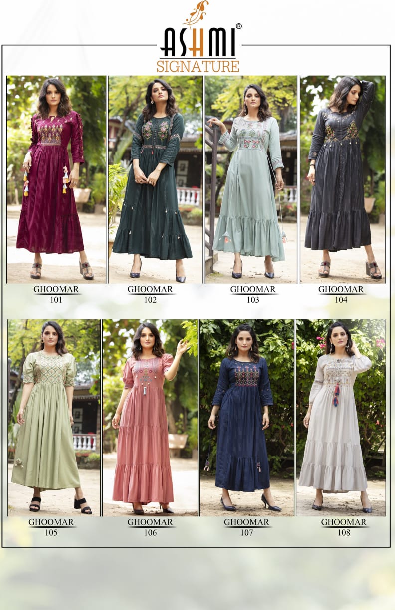 Ashmi Ghoomar New Exclusive Wear Rayon Long Designer Anarkali Kurti Collection